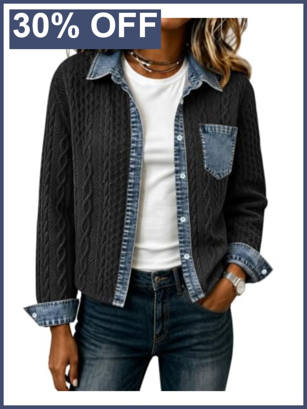 Cropped Denim Jacket Sweatshirt Collared Bomber Cable Knit Shacket